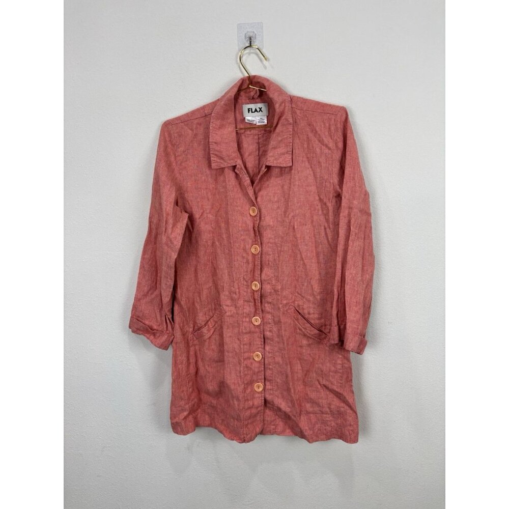 FLAX 100% Linen Button Front Long Sleeve Shirt Jacket Size Small Orange Muted